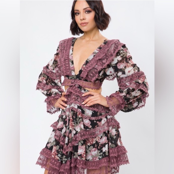 877. Floral Long Sleeve Lace Ruffle Mini Dress With Criss-Cross Back - Picture 2 of 4